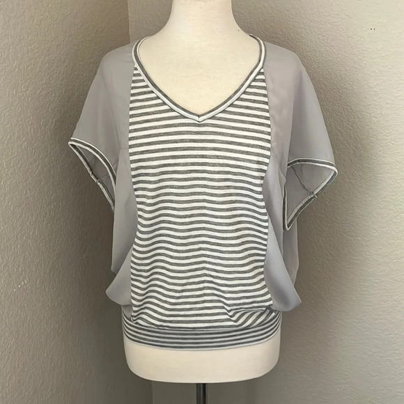 MONAMIE grey and white striped open sleeve semi sheer top - Picture 1 of 9